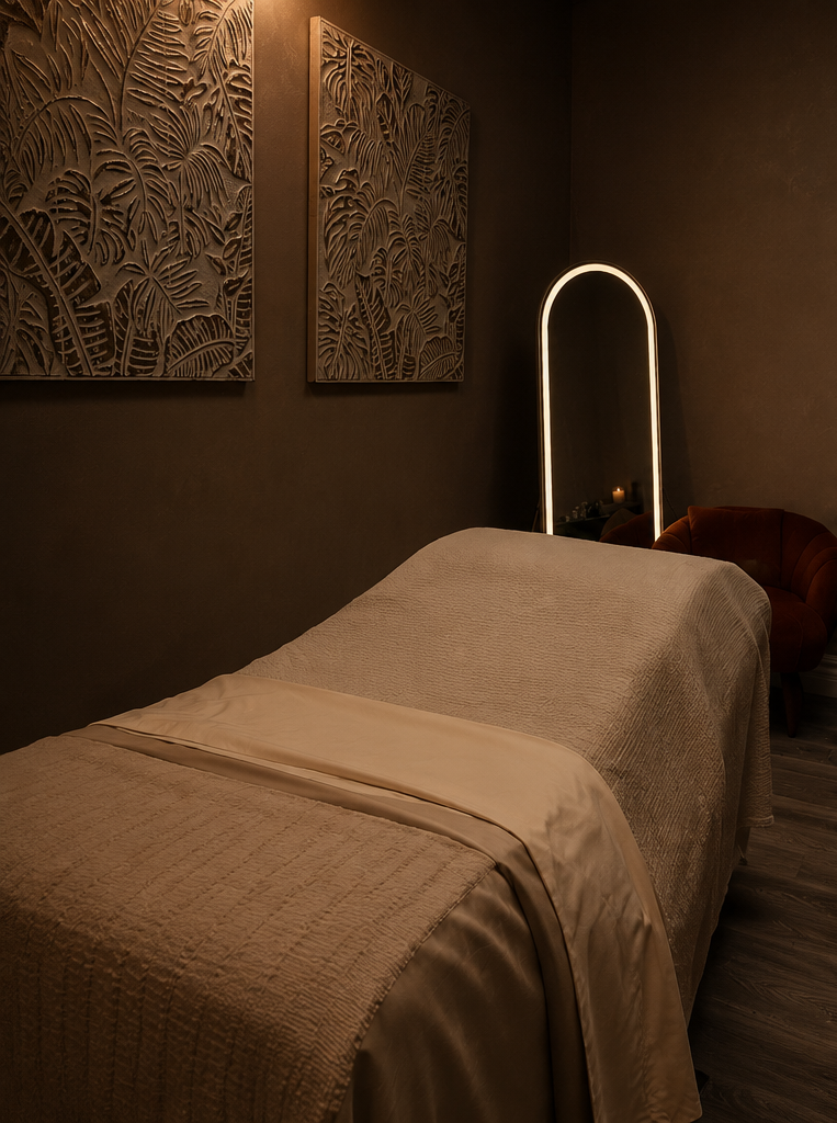 Serene treatment room with massage bed at The Lounge Skin Spa